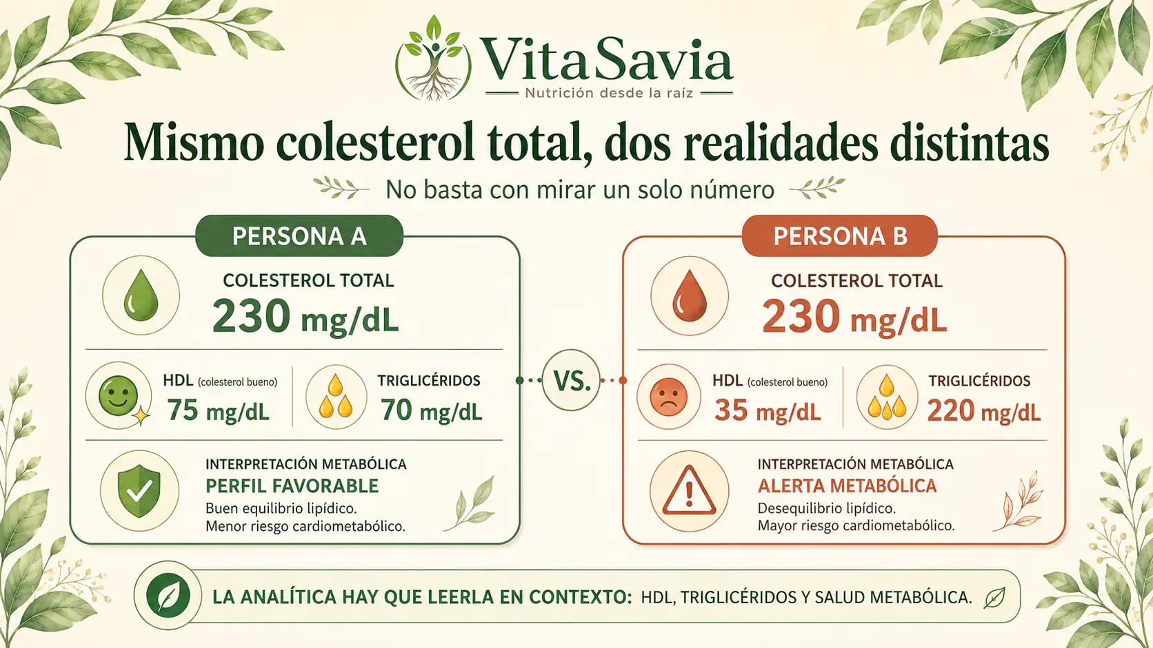 Dos analíticas con el mismo colesterol total y diferente riesgo metabólico