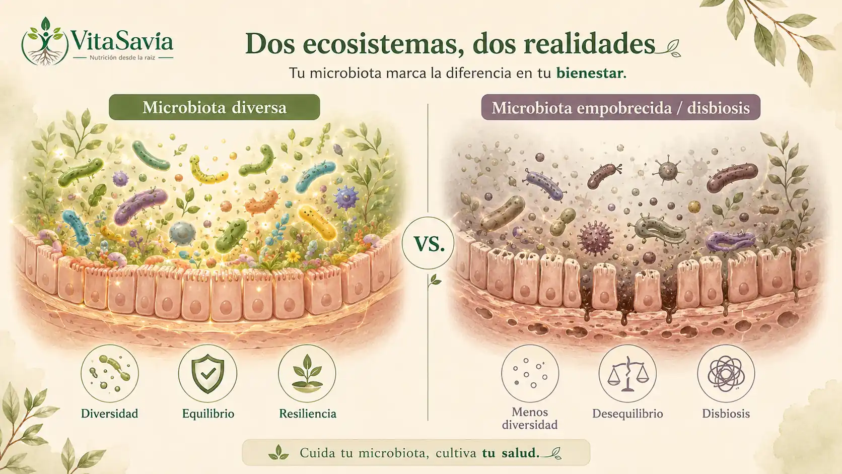 Microbiota equilibrada frente a disbiosis intestinal