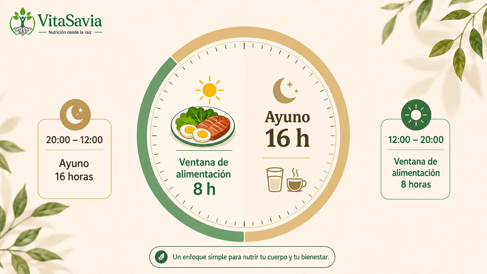 Infografía de ventana de ayuno y ventana de alimentación en ayuno intermitente 16/8