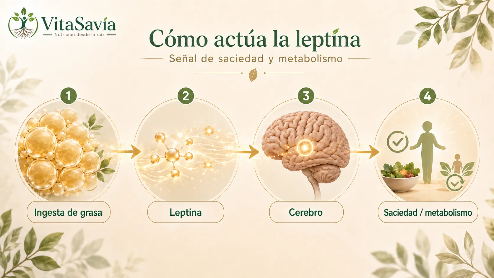 Infografía sobre cómo la leptina envía señales de saciedad al cerebro